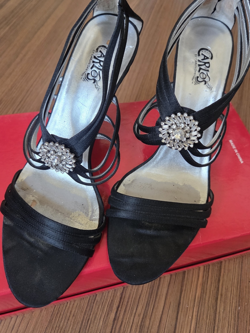 Carlos by Carlos Santana Black Satin Dress Sandals with Crystal Accent